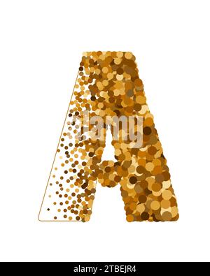 Lettera A dell'alfabeto latino decorata con effetto sabbia trama ondulata illustrazione vettoriale, coriandoli rotondi motivo grunge, particelle caotiche macchiate, immagine geometrica, punti caotici dorati abc Illustrazione Vettoriale