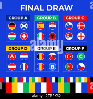 Calcio 2024 gruppi di fasi finali. Tabella del sorteggio finale del Campionato europeo 2024. Squadre nazionali di calcio con icone di bandiera. Illustrazione Vettoriale