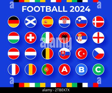 Calcio 2024 gruppi di fasi finali. Tabella del sorteggio finale del Campionato europeo 2024. Squadre nazionali di calcio con icone di bandiera. Illustrazione Vettoriale