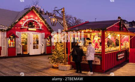 Zurigo, Svizzera - 23 novembre 2023: Mercatino di Natale di fronte al teatro dell'opera in piazza Sechselautenplatz-Bellevue a Zurigo in ora blu Foto Stock