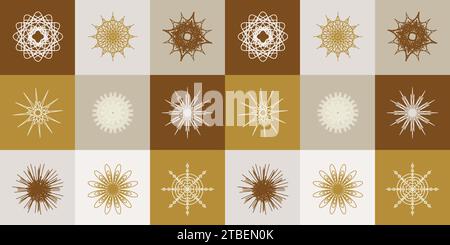 Motivo senza cuciture di fiocchi di neve in quadrati colorati. Design di confezioni per le feste, tessuti per abbigliamento, carta da parati. Illustrazione vettoriale. Illustrazione Vettoriale