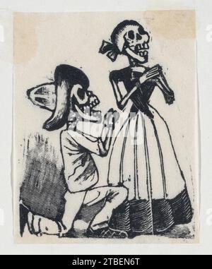 Uno scheletro maschio sulle ginocchia davanti a uno scheletro femminile (vignetta per la festa dei morti) 1930 di Jose Guadalupe Posada Foto Stock