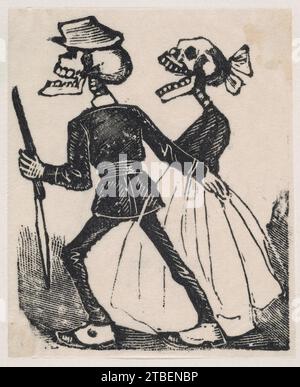 Uno scheletro maschile che conduce uno scheletro femminile a sinistra, da un broaside intitolato "la Calavera de Cupido", pubblicato da Antonio Vanegas Arroyo. 1930 di Jose Guadalupe Posada Foto Stock