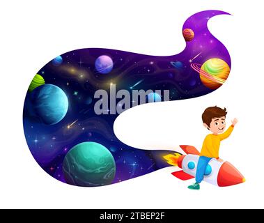 Cartoni animati ragazzo allegro che vola su un razzo spaziale con tracce di fumo di pianeti, stelle e asteroidi fantasy della galassia. Felice personaggio astronauta che gioca con l'astronave. Viaggi spaziali e temi astronomici Illustrazione Vettoriale
