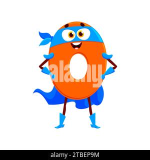 Numero matematico del cartone animato zero personaggio supereroe nullo. Personaggio vigilante isolato della scuola vettoriale con volto sorridente e colore arancione brillante, perfetto per i giochi educativi per bambini Illustrazione Vettoriale
