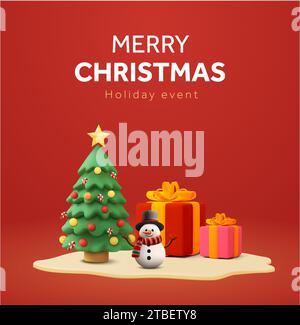 banner 3d carino e allegro natalizio con pino decorato, scatole regalo, pupazzo di neve, terreno di neve, sfondo rosso. Buono regalo di buon natale o newsletter via e-mail. Illustrazione vettoriale 3D. Illustrazione vettoriale Illustrazione Vettoriale