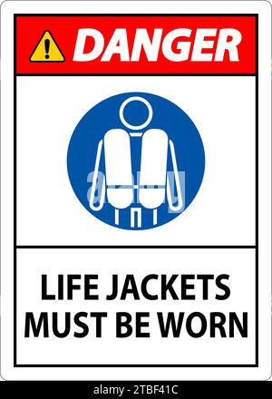 Cartello di sicurezza per l'acqua pericolo, indossare giubbotti salvagente Illustrazione Vettoriale