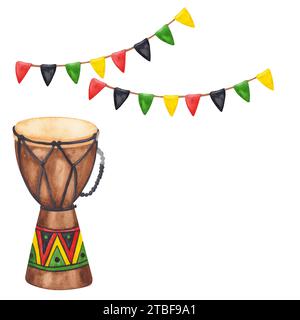 Cartolina: Batteria africana tam tam, Bongo, strumento musicale. Bandiere colorate garland rosso verde nero giallo. Kwanzaa Holiday. Il mese della storia nera. La mano Foto Stock