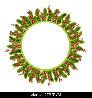 Illustrazione ad acquerello di una corona natalizia fatta di rami di abete e rami con bacche rosse. Isolato su bianco. Elemento decorativo colorato per c Foto Stock