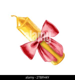 Candele gialle ad acquerello con arco rosso per illustrazioni di Natale, candele, matrimonio, compleanno, Pasqua, magia, giornata commemorativa, spa e relax Foto Stock