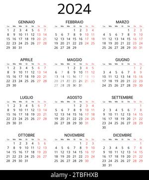calendario italiano 2024. Illustrazione vettoriale stampabile e modificabile per l'Italia. calendario annuale di 12 mesi. Ritratto Illustrazione Vettoriale