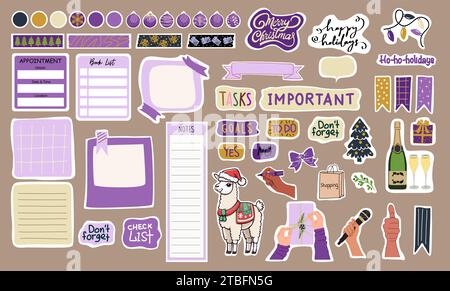 Set di adesivi natalizi elementi vettoriali. Illustrazione Vettoriale