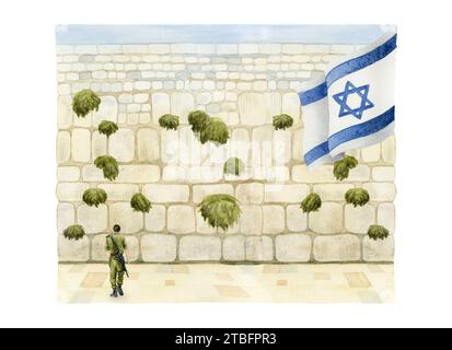 Muro Occidentale con soldati israeliani e vista della bandiera nella città vecchia di Gerusalemme. Illustrazione ad acquerello. Il Kotel Foto Stock