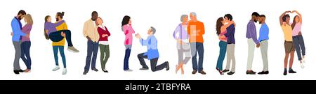 Insieme di coppie diverse in amore vettore isolato. Illustrazione Vettoriale