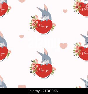 Modello senza cuciture con bilby australiano. Simpatico animale romantico con cuore su sfondo bianco. Illustrazione vettoriale per design, carta da parati, imballaggio Illustrazione Vettoriale