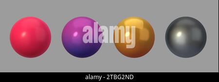 Collezione sfere 3d color argento, rosso e oro, 3D realistico isolato su sfondo grigio. illustrazione vettoriale Illustrazione Vettoriale