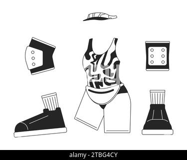 Outfit da pattinaggio a rotelle oggetto cartoni animati 2D in bianco e nero degli anni '80 Illustrazione Vettoriale