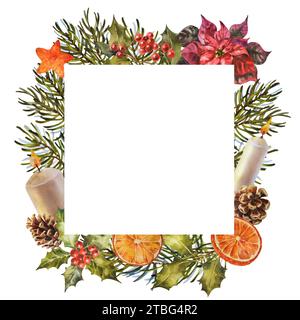 Cornice quadrata con arancio secco, rami e coni di pino, candela e spezie. Illustrazione ad acquerello disegnata a mano per decorazioni natalizie isolate su bianco Foto Stock