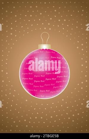 Christmas card with pink bauble and french text for Merry Christmas written in gold on glittering translucent snowflakes combined with warm brown back Foto Stock