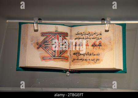 Apri l'antico libro dei manoscritti arabi di Hornachos con calligrafia fatta a mano e simbologia araba dipinta con inchiostro rosso e nero della Diana Pala Foto Stock