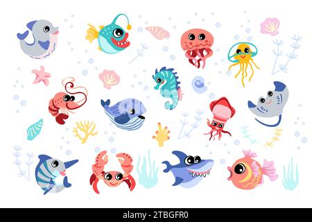 Set con elementi di vita marina disegnati a mano. Set di cartoni animati vettoriali di oggetti SEA LIFE per la progettazione. Colorati animali marini Illustrazione Vettoriale