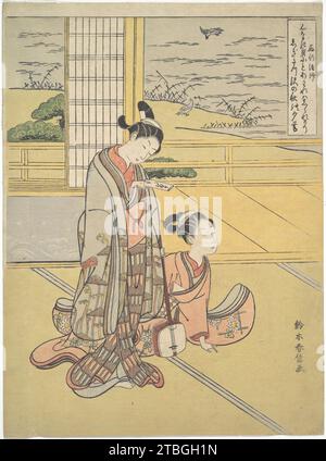 A Young Man and Woman with a Shamisen; Monk Saigyo, da una serie che allude alle tre poesie serali (Sanseki waka) 1939 di Suzuki Harunobu Foto Stock