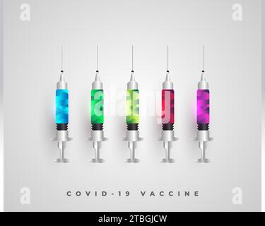 Vaccino colorato contro il coronavirus in siringa su sfondo bianco Illustrazione Vettoriale