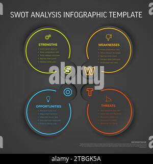 Modello di schema del diagramma SWOT (punti di forza, punti deboli, opportunità, minacce) vettoriale scuro costituito da quattro cerchi. Modello infografico minimalista SWOT. Illustrazione Vettoriale