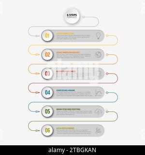 Sei fasi di avanzamento del processo nel modello di blocchi arrotondati con descrizioni icone e linee colorate sottili. Schema modello infografico multiuso di Illustrazione Vettoriale