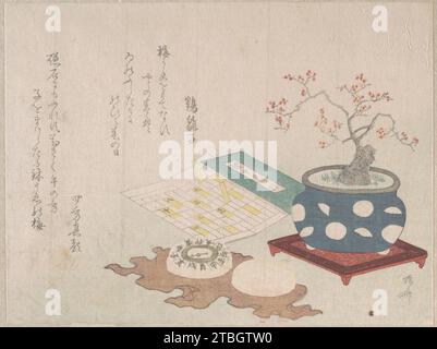 Bonsai Plum, Compass, and Pocket Sundial with Design of Calendar, from Spring Rain Surimono album (Harusame surimono-jo, vol. 3) 1929 di Ryuryukyo Shinsai Foto Stock