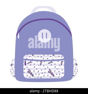 Zaino lavanda con stampa floreale sulle tasche. Borsa da scuola colorata per libri di testo, copybook e righello. Illustrazione vettoriale disegnata a mano isolata su cui Illustrazione Vettoriale