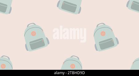 Modello a cartoni animati scolastici con zaini colorati piatti e zaini. Elementi pastello isolati, accessorio Style. Illustrazione vettoriale. Sfondo senza interruzioni Illustrazione Vettoriale