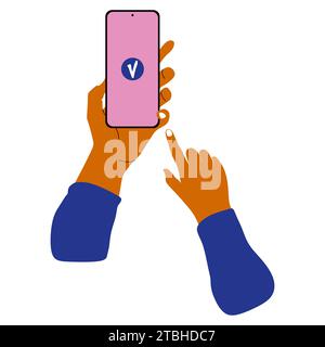Le mani tengono lo smartphone e le dita toccano lo schermo. Illustrazione del design moderno del vettore piatto con mani e schermo per smartphone o display isolato su wh Illustrazione Vettoriale