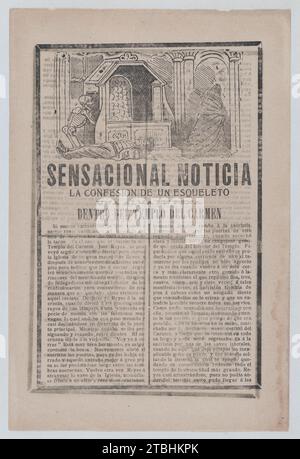 Notizie sull'avvistamento di uno scheletro all'interno di un tempio sacro, un uomo sdraiato sul pavimento mentre uno scheletro torna in una camera e una figura occultata esce a destra 1946 di Jose Guadalupe Posada Foto Stock