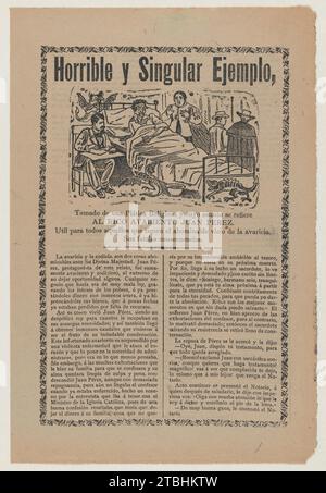 Foglio informativo relativo all'avidità di Juan Perez e ai suoi guadagni finanziari illeciti attraverso la disonestà e la truffa della chiesa, una descrizione nella sezione inferiore continuando su verso 1946 di Jose Guadalupe Posada Foto Stock