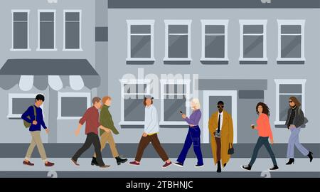 Persone che camminano lungo una strada illustrazione vettoriale. Illustrazione Vettoriale