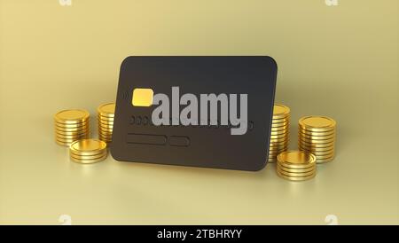 Carta di credito nera con monete dorate su sfondo beige Studio. Pagamento online, Mobile Banking, transazione e concetto di shopping. Foto Stock