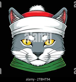 Testa Cat con illustrazione vettoriale babbo natale per la propria azienda o marchio Illustrazione Vettoriale