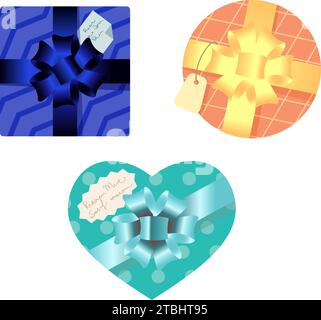 Scatole regalo per Natale e compleanno a forma di cuore, cerchio e cubo con archi sfumati e nastri Illustrazione Vettoriale