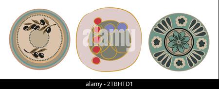 Set di piastre in ceramica fatte a mano con isolamento vettoriale. Illustrazione Vettoriale
