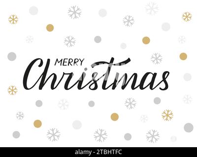 Buon Natale. Lettere scritte a mano. Moderna calligrafia con inchiostro a pennello. Testo nero isolato su bianco con fiocchi di neve e cerchi colorati. Biglietto d'auguri. Illustrazione Vettoriale