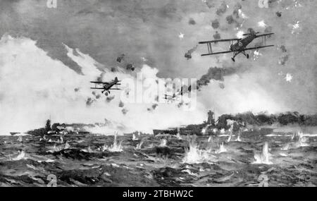 Un disegno di Norman Wilkinson di tre dei sei Naval Air Arm Fairy Swordfish che attaccarono una grande flotta della Marina tedesca avvicinandosi allo stretto di dover il 12 febbraio 1942 durante la seconda guerra mondiale. La raffica di fuoco antiaereo da parte delle navi tedesche e la scarsa visibilità portarono alla perdita di tutti gli aerei, con un solo colpo registrato. Foto Stock