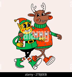 Cartoni animati retrò Christmas Deer and Elf. Divertenti renne degli anni '70 e personaggi elfi che camminano a braccetto Illustrazione Vettoriale