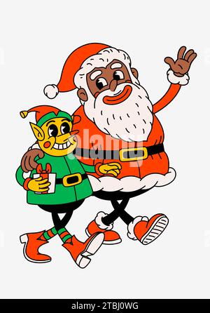 Cartoni animati retrò Babbo Natale nero ed Elfo di Natale. I divertenti personaggi di Babbo Natale ed Elfo d'epoca degli anni '60 sventolano Illustrazione Vettoriale