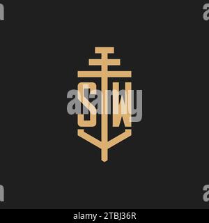 Monogramma iniziale del logo SW con vettore di design icona a colonna, ispirazione per il design del logo dello studio legale Illustrazione Vettoriale