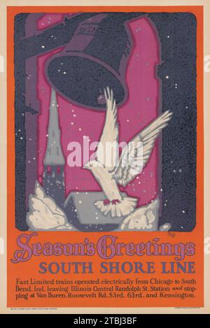 Poster di viaggio Old American - auguri di buone feste - South Shore Line, 1927 - poster ferroviario - colomba di Natale Foto Stock
