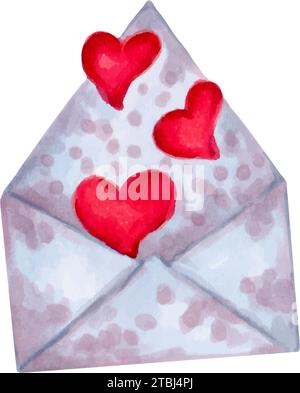 Busta con cuori volanti. San Valentino.busta aperta, lettera d'amore romantica.illustrazione di un marcatore in stile acquerello.festività, matrimonio, fidanzamento Illustrazione Vettoriale