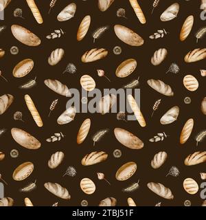 Cuocere lo sfondo del pane. Acquerello pattern food senza cuciture disegnato a mano su uno sfondo scuro. Baguette francese e pane con piante. Foto Stock