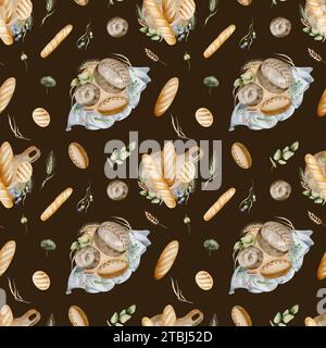 Cuocere lo sfondo del pane. Acquerello pattern di cibi preparati senza cuciture, disegnati a mano su uno sfondo scuro. Baguette francese e pane con attrezzi per la casa. Foto Stock