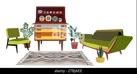 Set di mobili per soggiorno isolato vettoriale su bianco Illustrazione Vettoriale